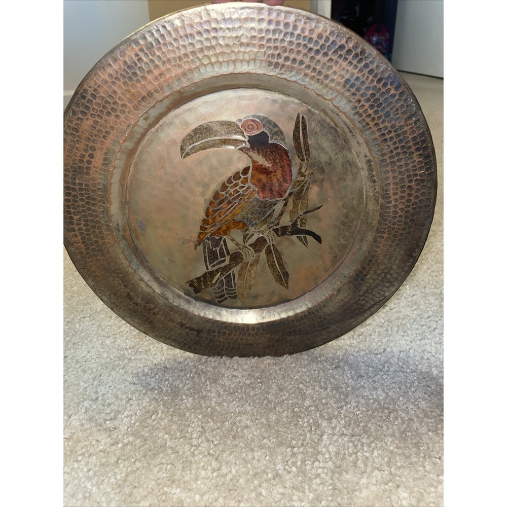 Vintage Mixed Metal Toucan Plate Hammered Copper Brass Mexican Folk Art 11.5in